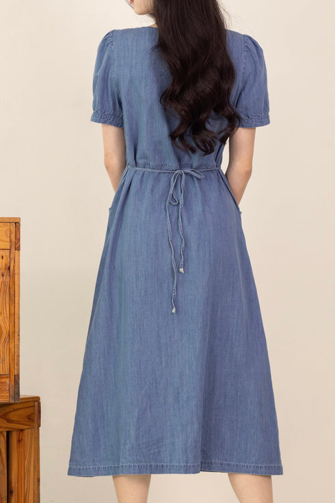 BEXLEY DENIM PUFFY SLEEVE MIDI DRESS